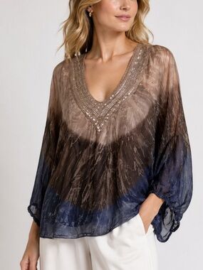 Saks Fifth Avenue Italy silk blouse tab sleeves crochet bohemian colorblock S